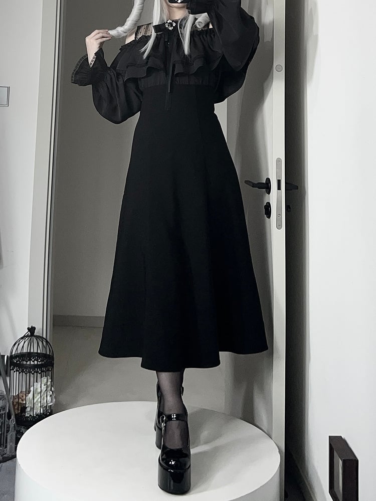 Off-Shoulder Illusion Elegancewith Black Ruffles Ladylike Dress:Dark Kei Tiered Jirai