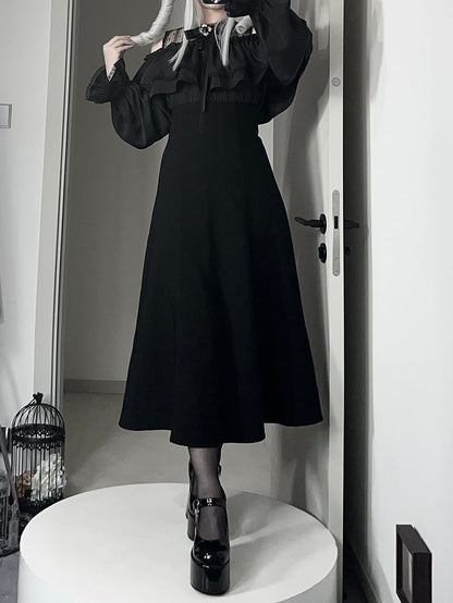 Off-Shoulder Illusion Elegancewith Black Ruffles Ladylike Dress:Dark Kei Tiered Jirai