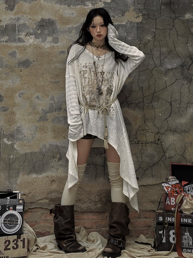 ブラックホワイトゴシックパンクレターズアシンメトリートップス