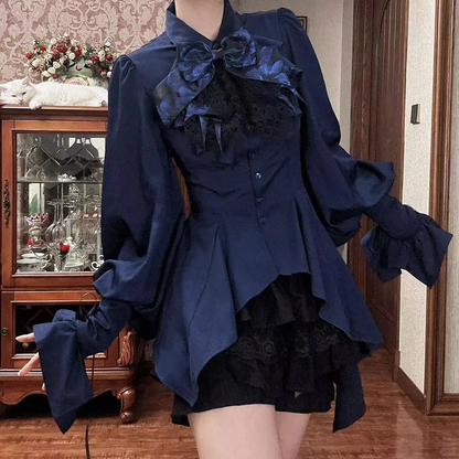 Dark Blue Ouji Lolita Long Sleeves Prince Shirt with Cascading Irregular Hem | Danger Girl