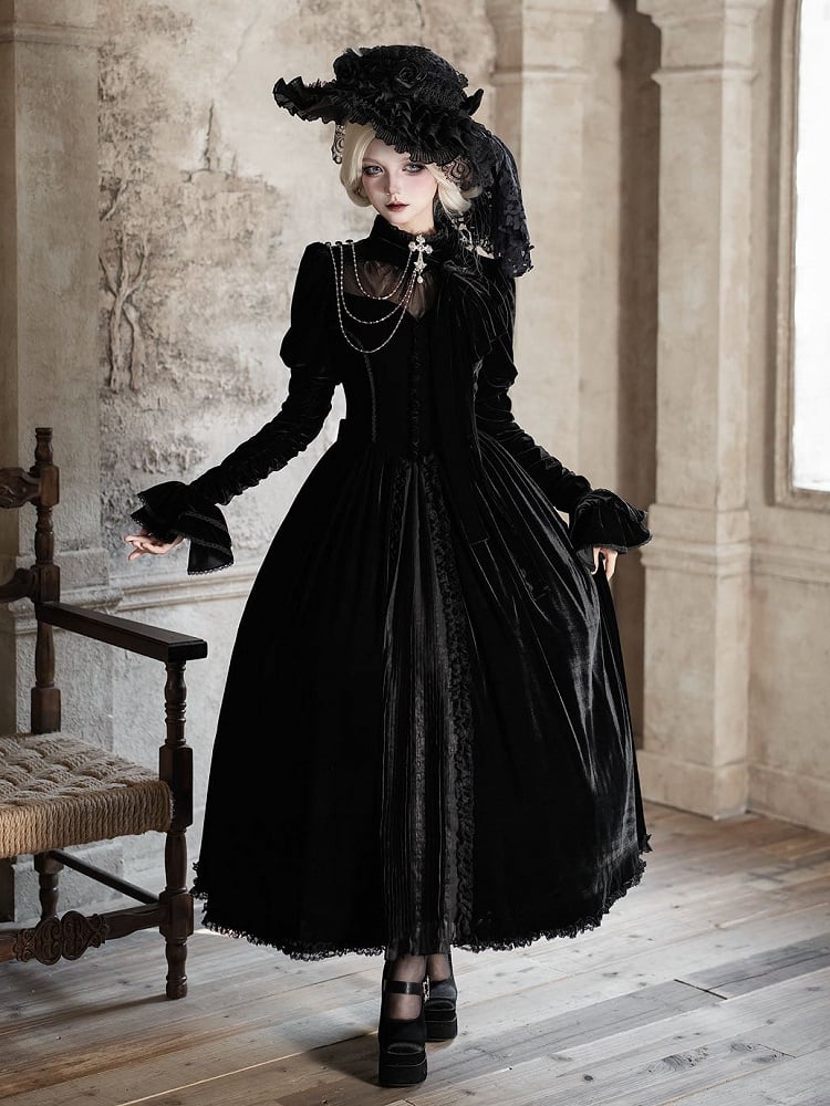 Dress Sleeves Lolita Mesh Gothic with Long Black Heart Neckline Illusion Velvet