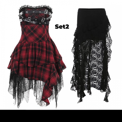 Red Plaid Handkerchief Hem Buckle Straps Strapless Glamorous Punk Dress