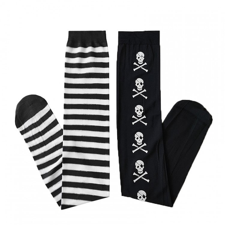 Stockings White Striped Pattern Skull Design Asymmetrical Black Halloween Gothic