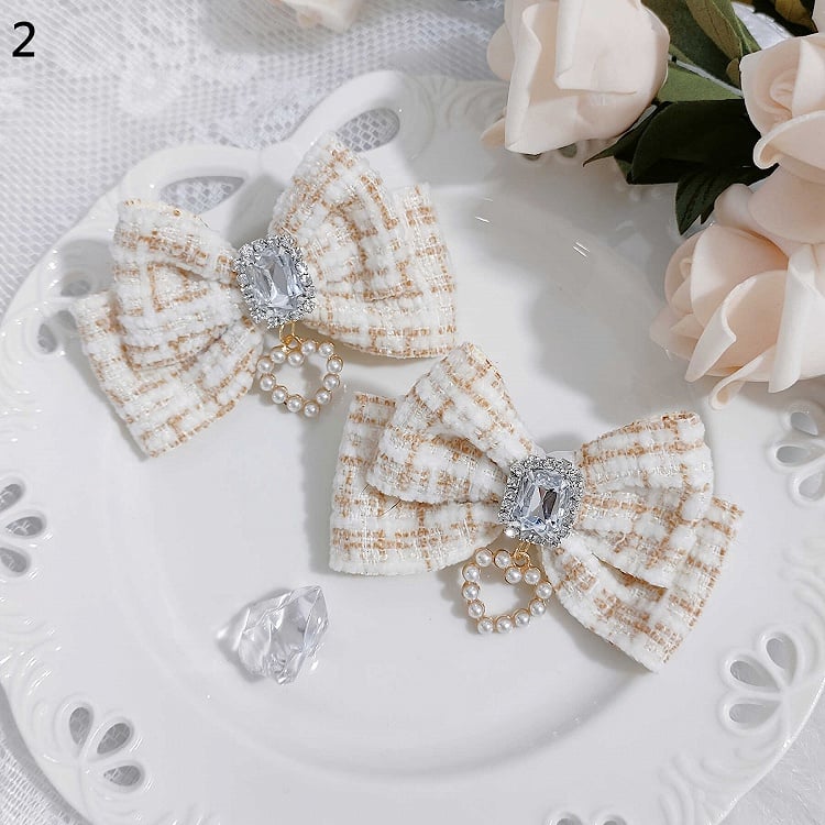 Jirai Kei Beaded Sweetheart Rhinestone with Plaid Bow Hairclips