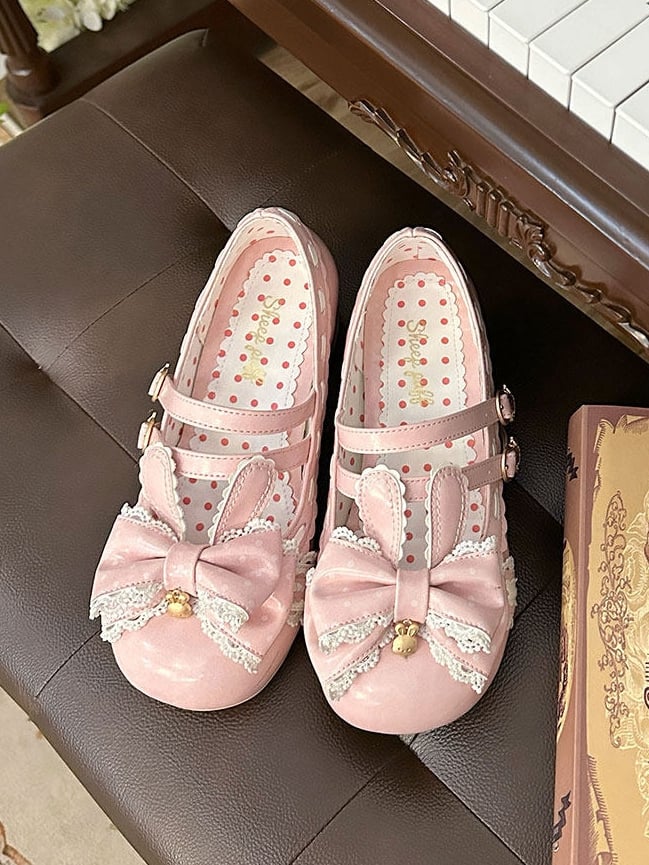 Mary in Lolita Bow Ruffle Sweet PU Janes Pink Rabbit-themed Mid-heel Trim with