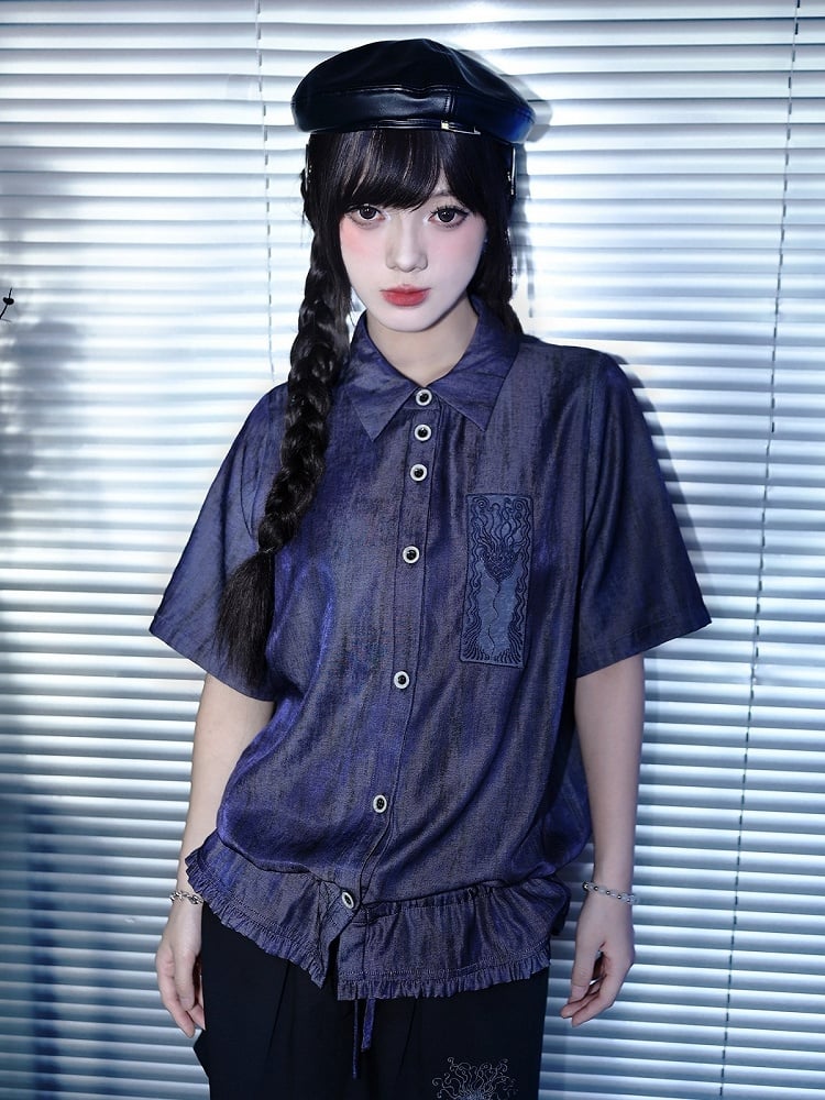 Purple Short Sleeve Shirt with Sea Lily and Drawstring - Quirky Hut