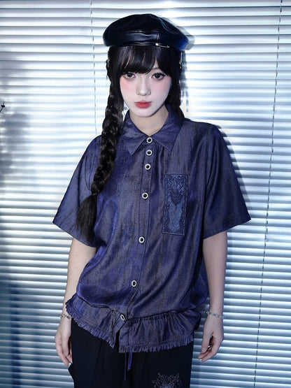 Purple Short Sleeve Shirt with Sea Lily and Drawstring - Quirky Hut