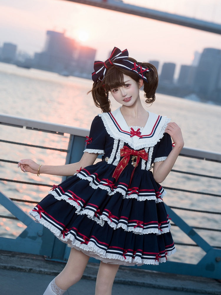 Lolita-Kleid, kurz, abnehmbar, Marineblau, mit Ärmeln, blau, Sommer-Matrosenkragen