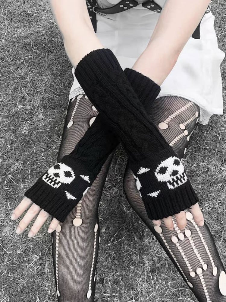 Long Dark Knit Black Gloves Gothic
