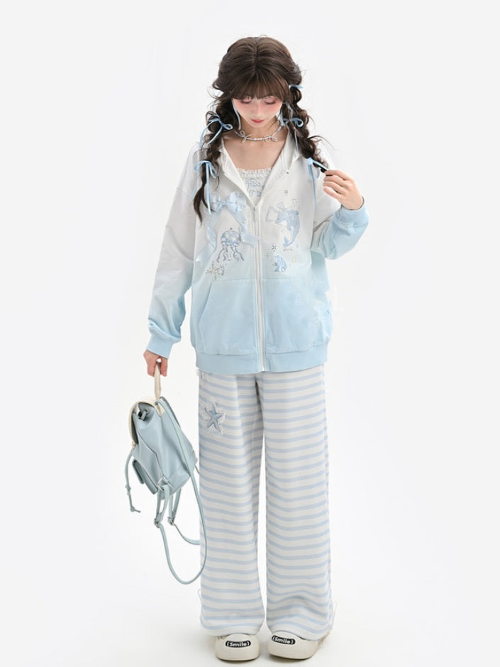 Gradient Blue & White Jellyfish and Dolphin Print Zip Closure Hoodie