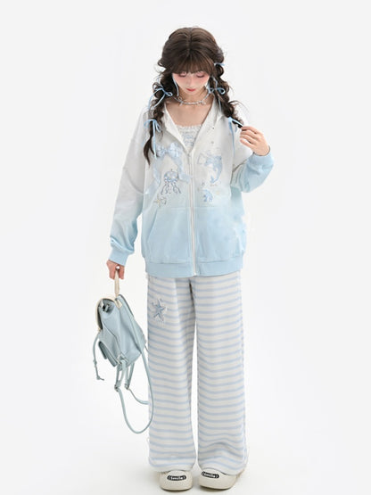 Gradient Blue & White Jellyfish and Dolphin Print Zip Closure Hoodie