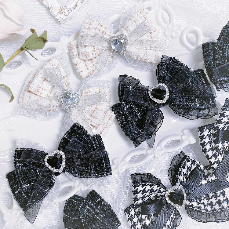 Jirai Kei Sweetheart Rhinestone with Tweed Bow Hairclips