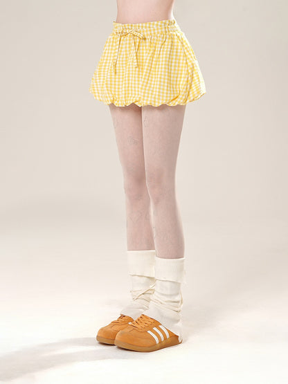 Yellow/Red Plaid Drawstring Waist Bubble Skirt