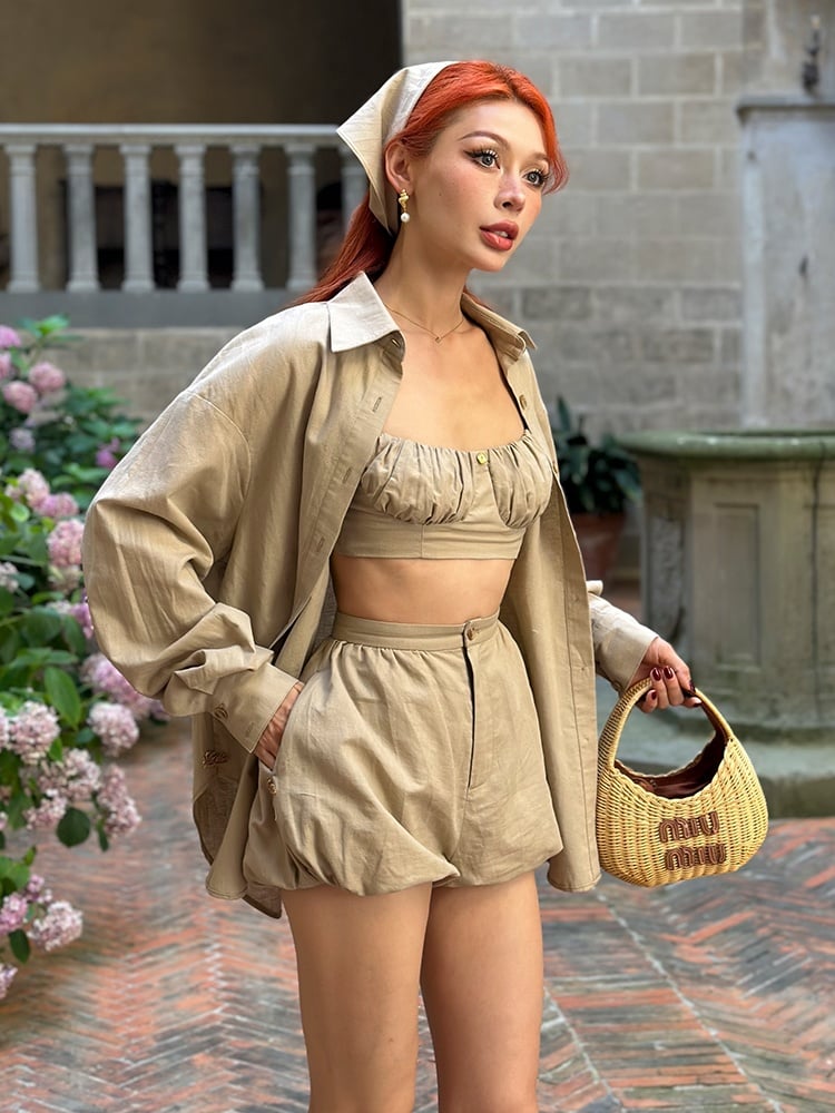 Vintage Khaki Rüschen Crop Top