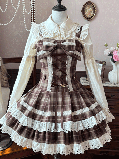 Sweet Lace Brown Flutter with Plaid Lolita Trim Sleeves Dress
