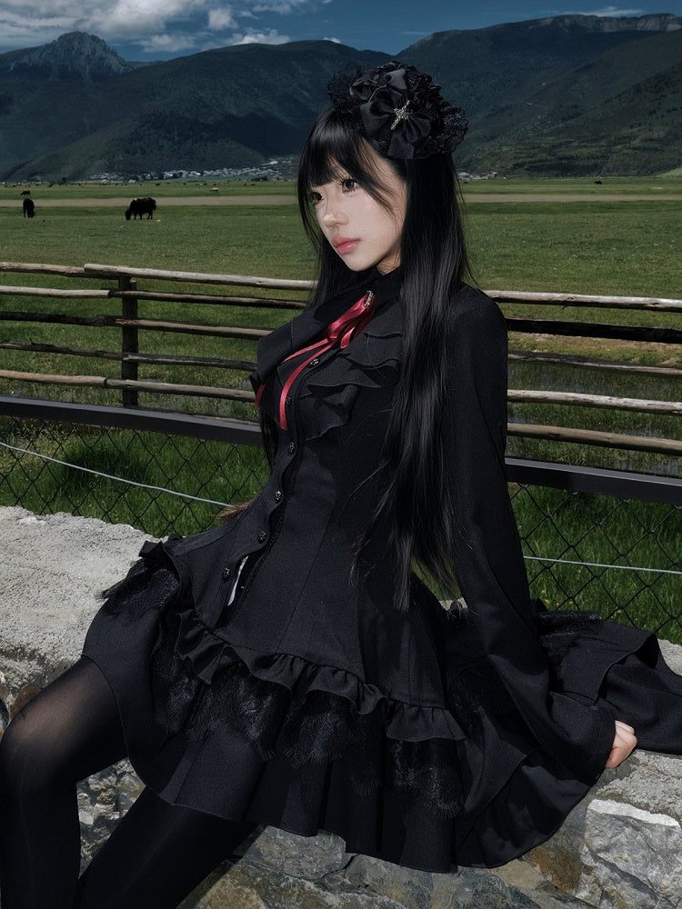 High-Low Ruffled Lolita Dress with Red Bow Tie, Long Sleeve Black for Autumn - muggle studio