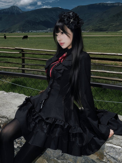 High-Low Ruffled Lolita Dress with Red Bow Tie, Long Sleeve Black for Autumn - muggle studio