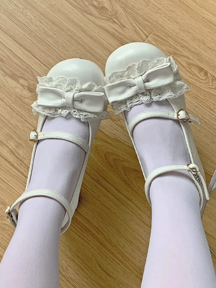 Toe at White Mid Sweet Heels Lace with Round Top Trim Bow
