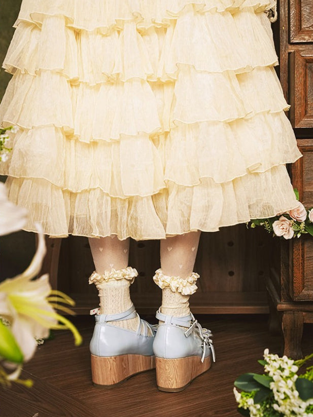 PU Shoes Design at Wedge Top Platform Bow Sweet Crisscross Blue Lolita with