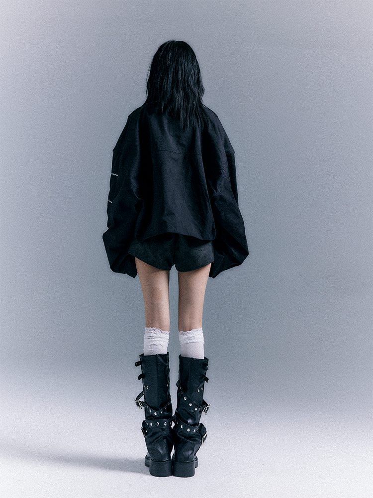 Black Design Punk Zip - Jacket Asymmetrical Closure