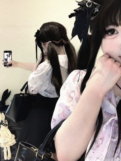 Bunny Ear Bow Collar Blouse, Short Sleeve, Pink & White Print - Kitty Bxllet
