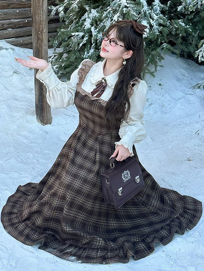 Plus Size Brown Peter Pan Collar Long Sleeves Plaid Flounce Hem Dress