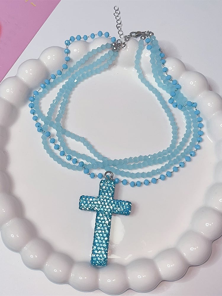 Necklace Layered Punk Pink/Blue Y2K Cross Rhinestone