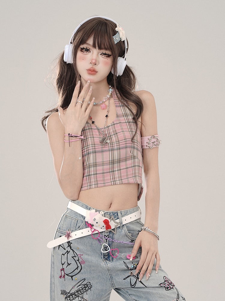 Halter Pink Plaid Delicate Top Crop Tank