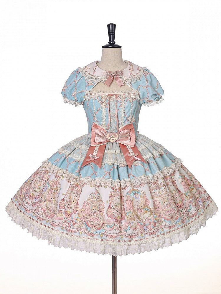 Peter Pan Collar Short-Sleeve OP Dress in Sweet Blue & Pink with Toy Bed Print - Alice Girl