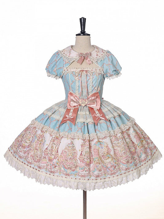 Peter Pan Collar Short-Sleeve OP Dress in Sweet Blue & Pink with Toy Bed Print - Alice Girl