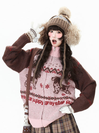 Hoodie Jacket Pink/Black Letter with Daily in Puppy Pattern Graphics Kawaii