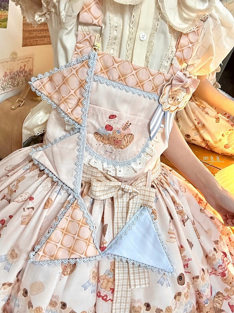 Beiges süßes Lolita-Overallkleid mit Teddybär und Dessert