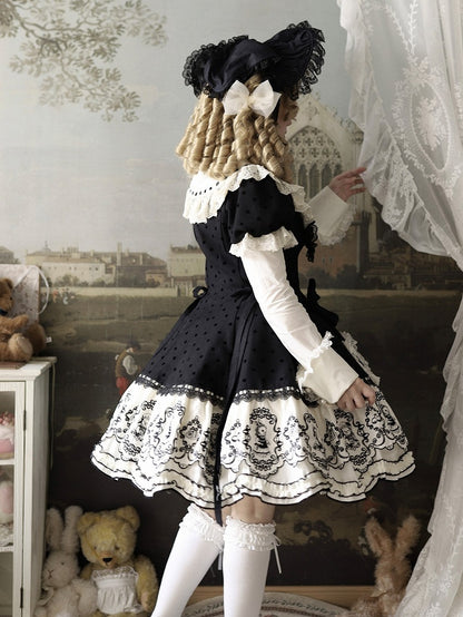 Rabbit Detachable Sleeves Pattern Dot Sweet + Black Polka with Dress Bonnet Sweetheart Set Appliques Lolita