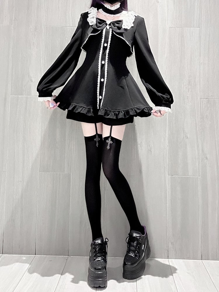 Black Jirai Kei Long Sleeve Coord Set- Square Neck Top with Lace Edging, Shorts, Bow Tie & Choker