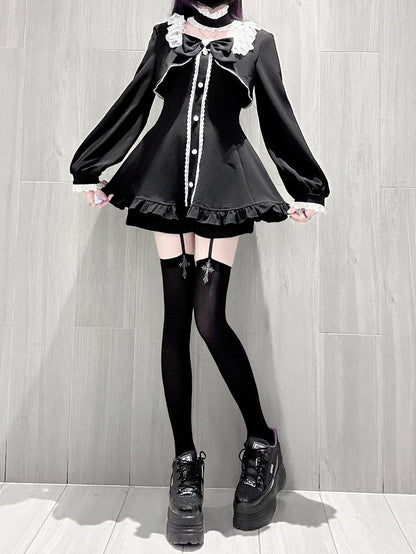 Black Jirai Kei Long Sleeve Coord Set- Square Neck Top with Lace Edging, Shorts, Bow Tie & Choker