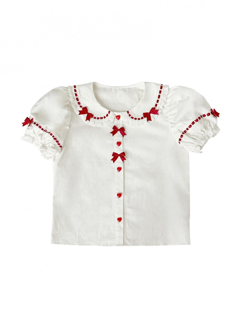 白と赤のハートボタン付きパフスリーブのスイートロリータブラウス