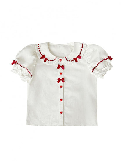 白と赤のハートボタン付きパフスリーブのスイートロリータブラウス