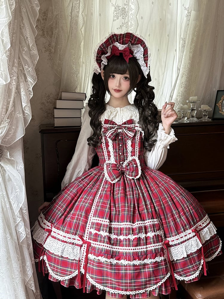 mit Akzenten Rock gewellter Pullover süß kariert Lolita Schleife Rand roter Besatz