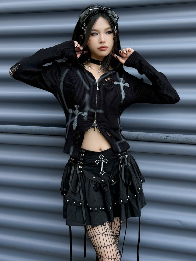 Gothic Punk Schwarzes Kreuz Charms Reißverschluss Design PU Bowknot KC