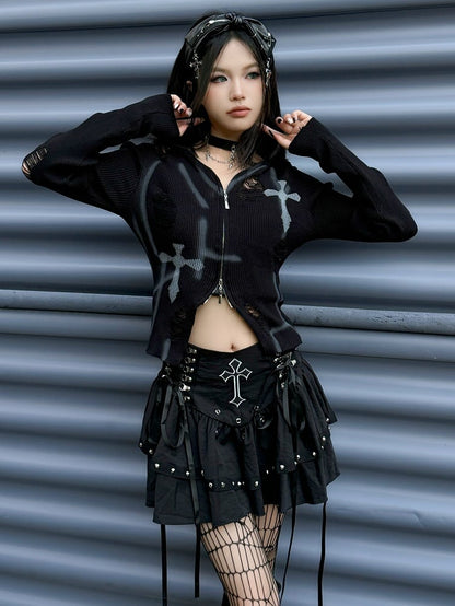 Gothic Punk Schwarzes Kreuz Charms Reißverschluss Design PU Bowknot KC