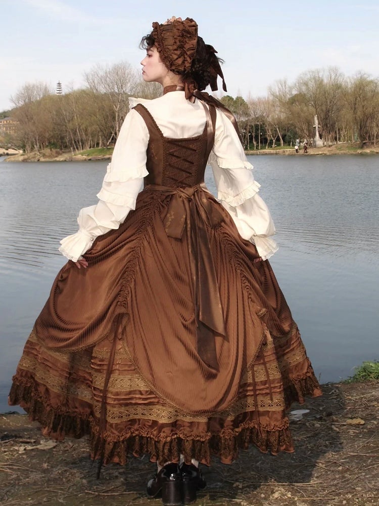 Lolita Brown Bust with Under Waist Embroidery Dress Detail Gothic Boned