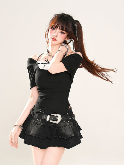 フェイクツーピースネックライン、カーブヘム、ブラックオフショルダーグラマラスTシャツ