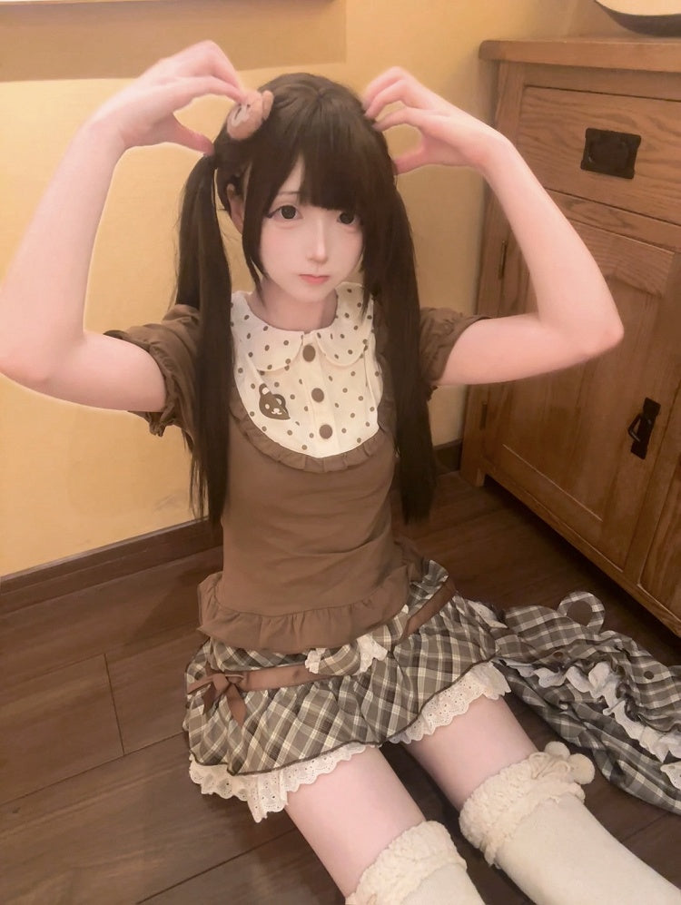 Brown Plaid Convertible Overalls Dress with Bear Hat - kukuwa