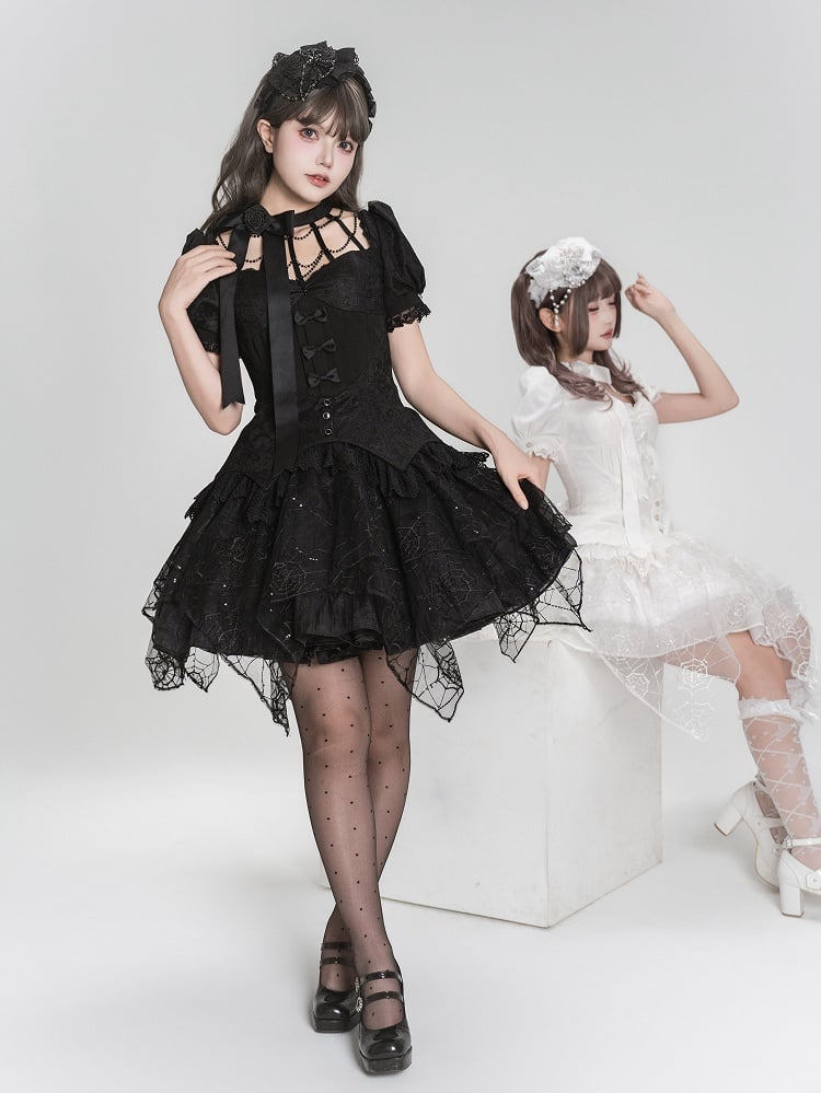 Alle Ärmel abnehmbare Stickerei kurzes Gothic-Top Hallow Spider + schwarzer Overlay Lolita Out Collar Web-Rock