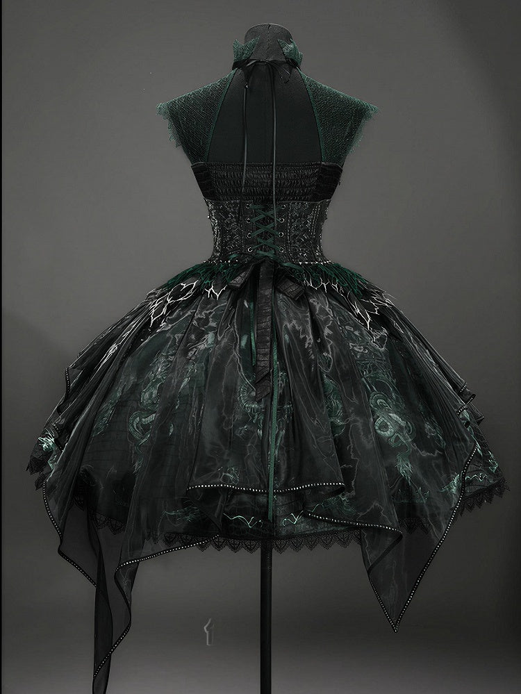 Black & Green Bone Dragon Embroidery Halter Neck Gothic Lolita Dress Set - Ying Luo Fu