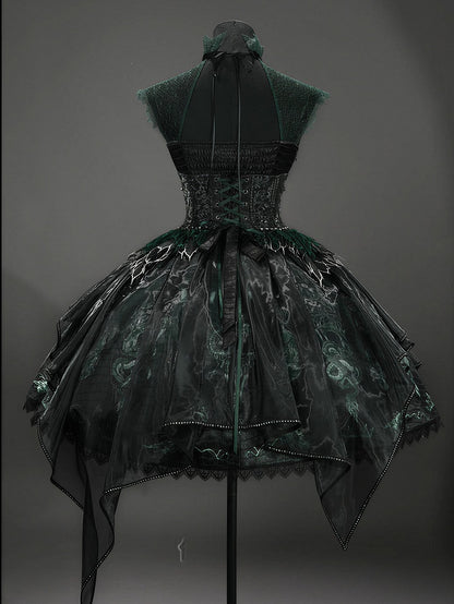 Black & Green Bone Dragon Embroidery Halter Neck Gothic Lolita Dress Set - Ying Luo Fu