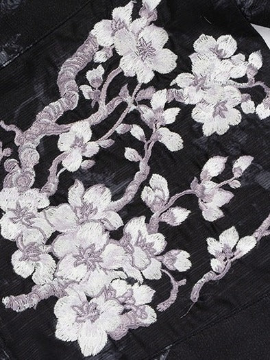 Black Floral Embroidery Flutter Sleeve Lace Trim Lolita Overlay Dress with Bow - Yimu Walnut
