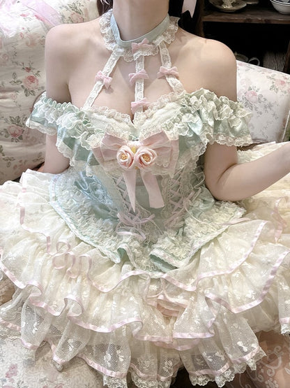 Stufenrock Neckholder Kei Fee Rüschen Hals Korsett Spitze Prinzessin Kleid Taille Mintgrün