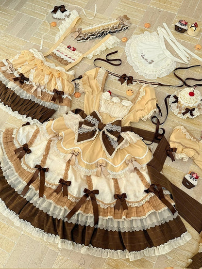 Puff Lolita Yellow and Square Neckline Bowknot Sweet Sleeves Details Dress