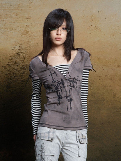 Punk Two-Piece Short Striped Sleeves Gray Khaki Faux with Lace-Up Top Motif Cross Long